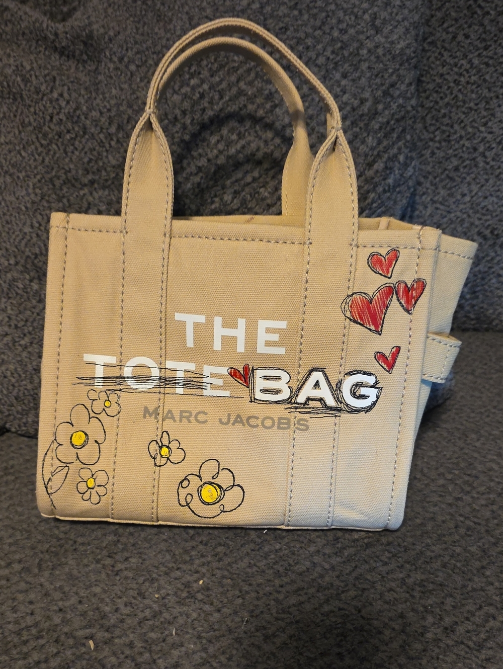 Marc Jacobs Beige Canvas Tote with Red Heart and Yellow Flower Accents
